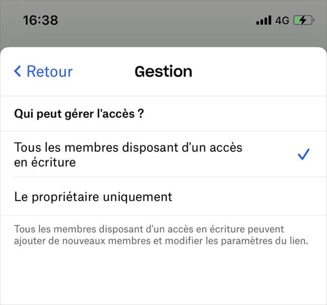 Gestion de l'accès aux dossiers de l'application Dropbox