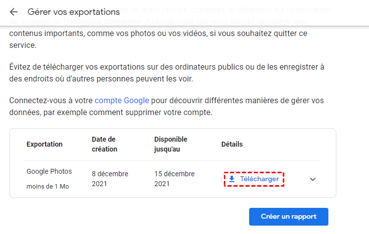 Cliquez sur Télécharger dans Google Takeout