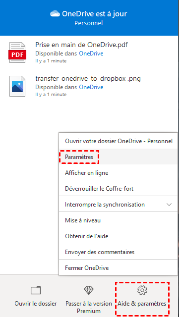 Ouvrir les paramètres dans l'application OneDrive