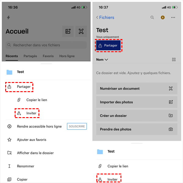 Ouvrez la fonction « Inviter » dans l'application Dropbox