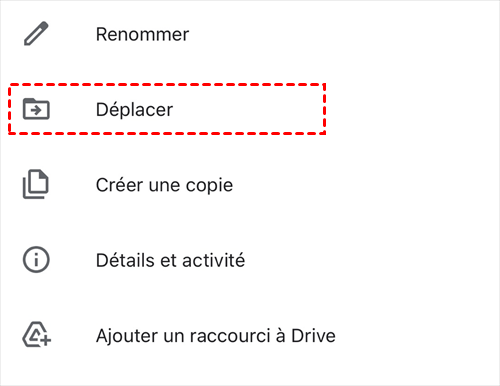Déplacer le fichier copié de l'application Google Drive