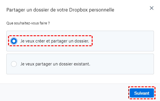 Options pour créer un dossier partagé Dropbox