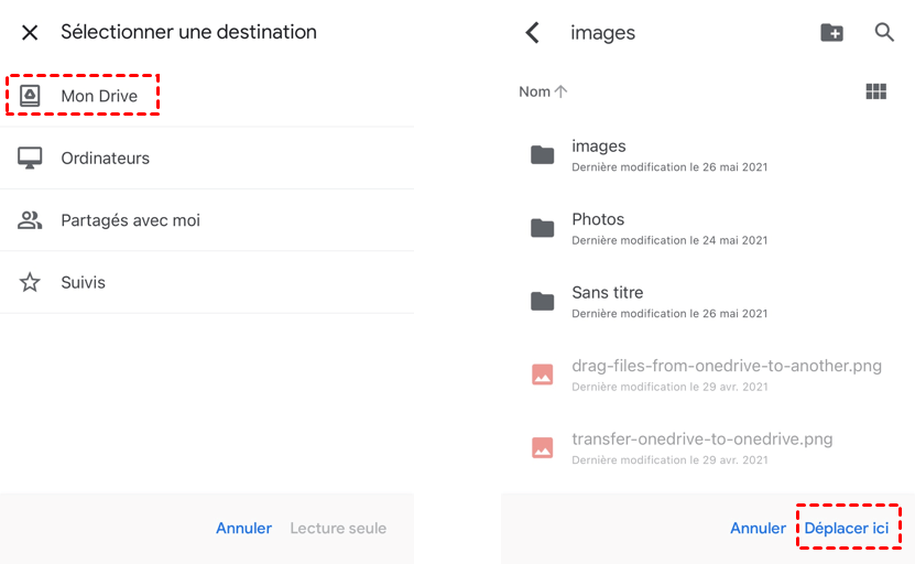 Sélectionnez la destination du fichier copié dans l'application Google Drive