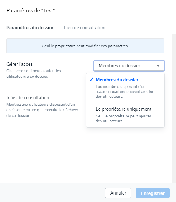 Paramètres de partage du dossier Dropbox