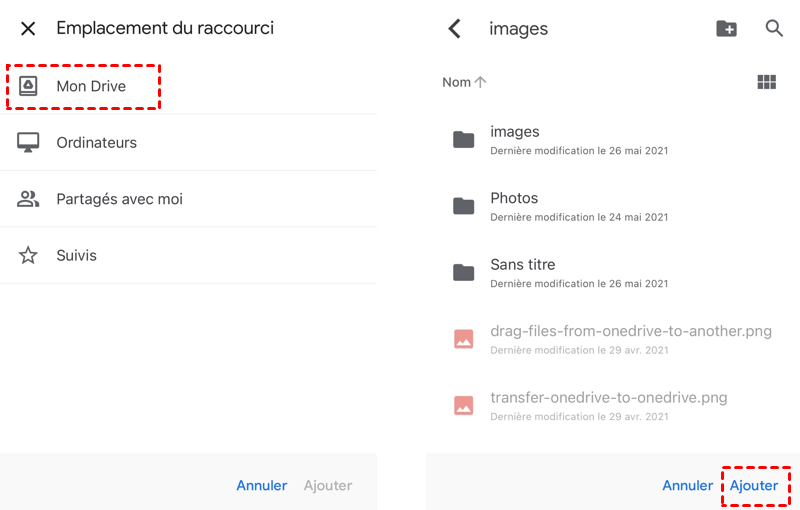 Choisissez l'emplacement du raccourci dans l'application Google Drive