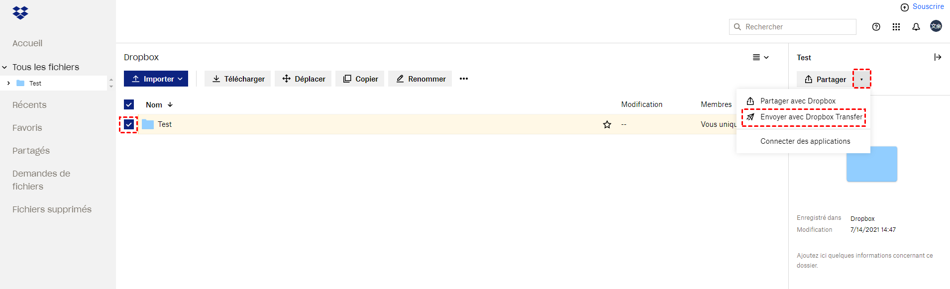 Transférer un dossier Dropbox