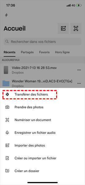 « Transférer des fichiers »dans l'application Dropbox