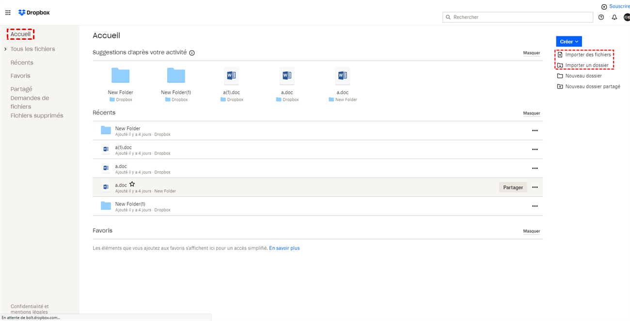 Importer les fichiers dans Dropbox