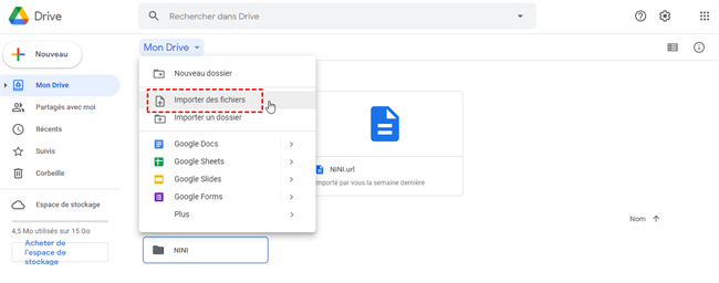 Importer les fichiers dans Google Drive