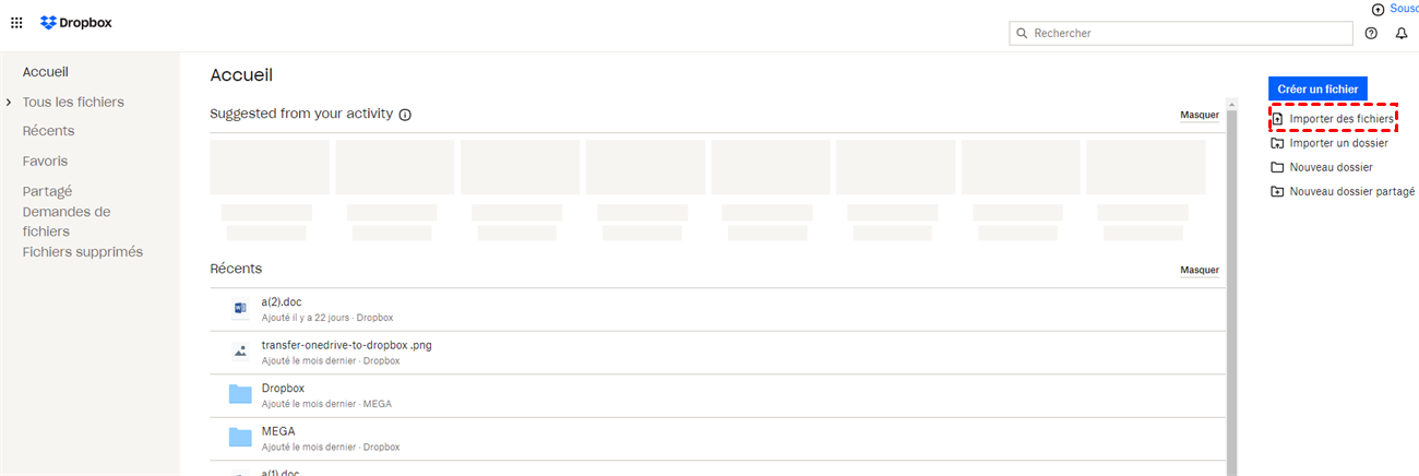 Importer des fichiers sur Dropbox