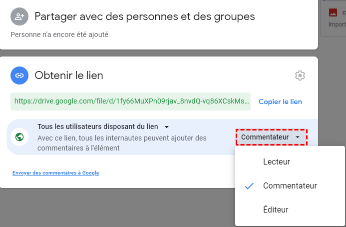 Lecteur et Commenter et Éditeur sur Google Drive