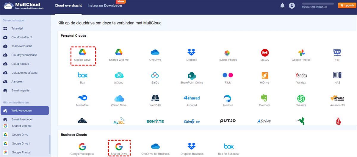 Gedeelde schijf en persoonlijke Google Drive toevoegen aan MultCloud Gedeelde schijf en persoonlijke Google Drive toevoegen aan MultCloud
