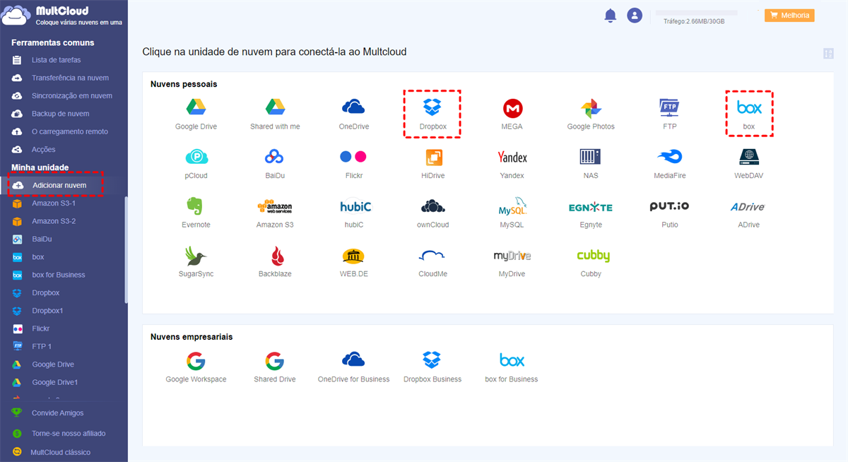 Adicionar Box e Dropbox