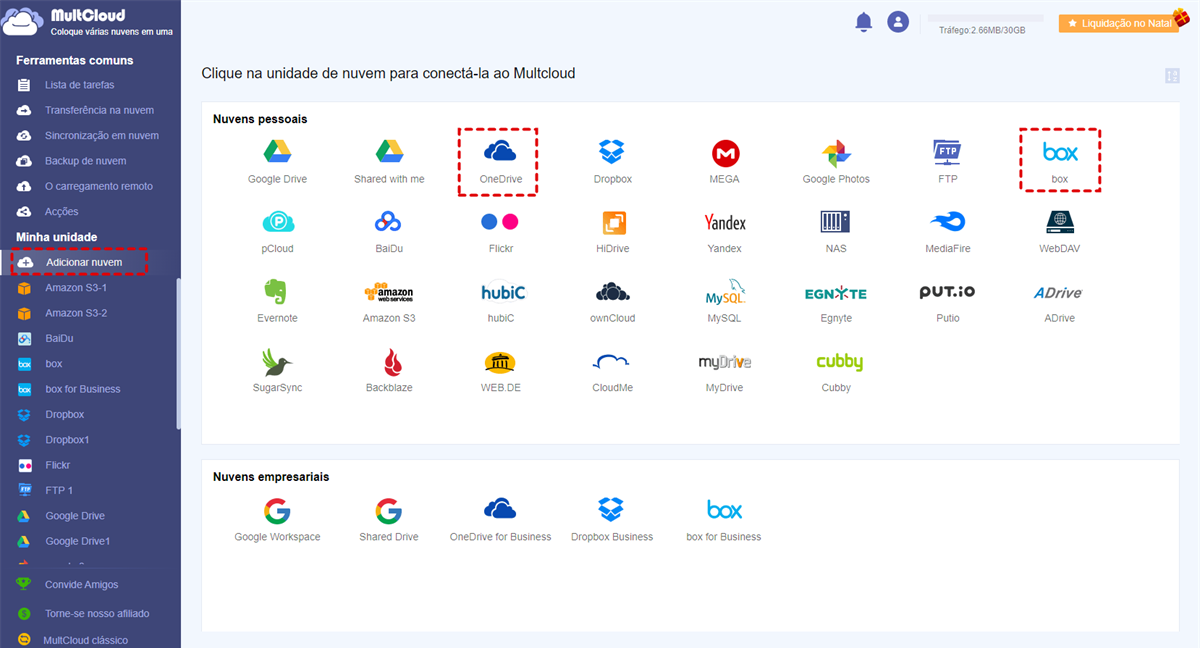 Adicionar OneDrive e Box