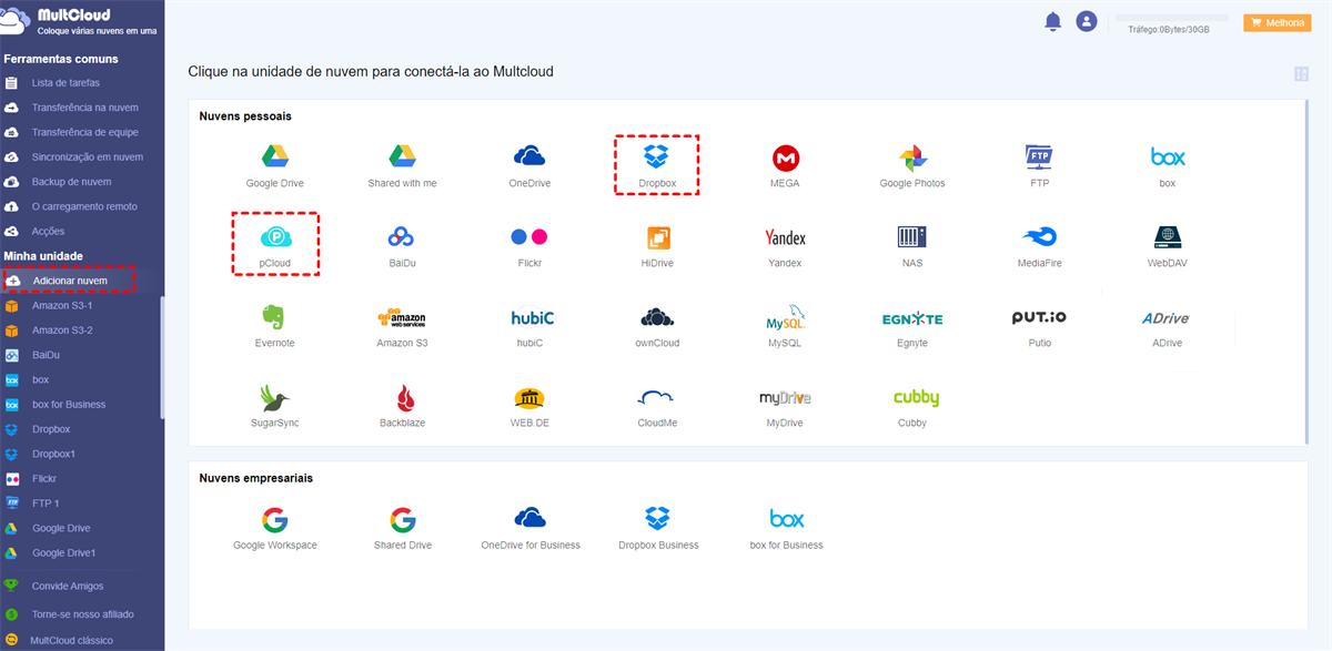 Adicionar Dropbox e pCloud