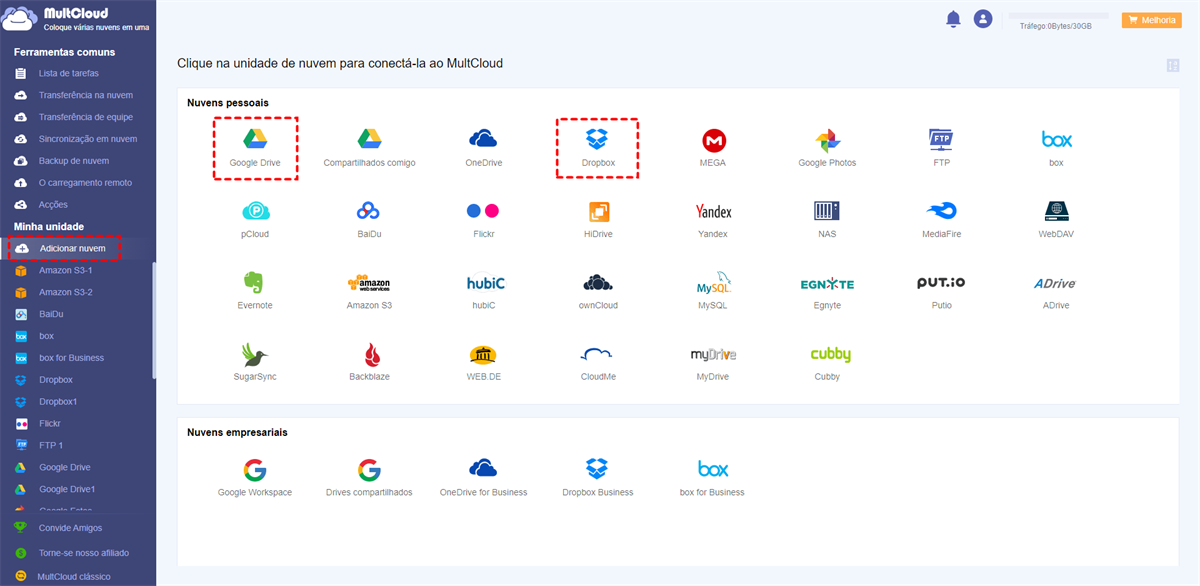 Adicionar o Google Drive e o Dropbox