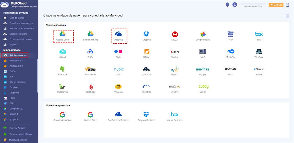 Adicionar Google Drive e OneDrive