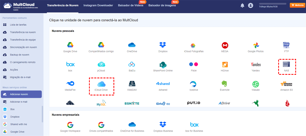 Adicionar iCloud Drive e NAS Adicionar iCloud Drive e NAS