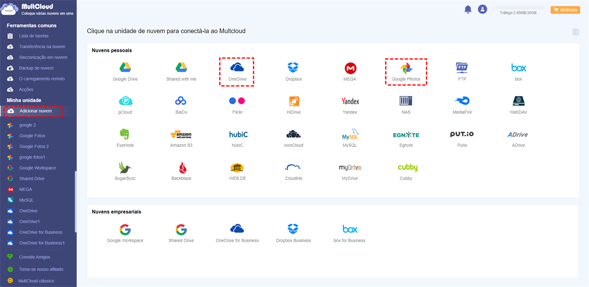 Adicionar o OneDrive e o Google Fotos