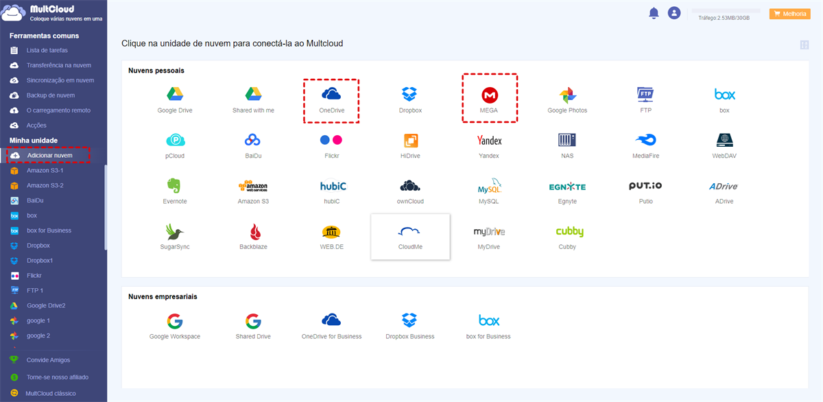 Adicionar OneDrive e MEGA