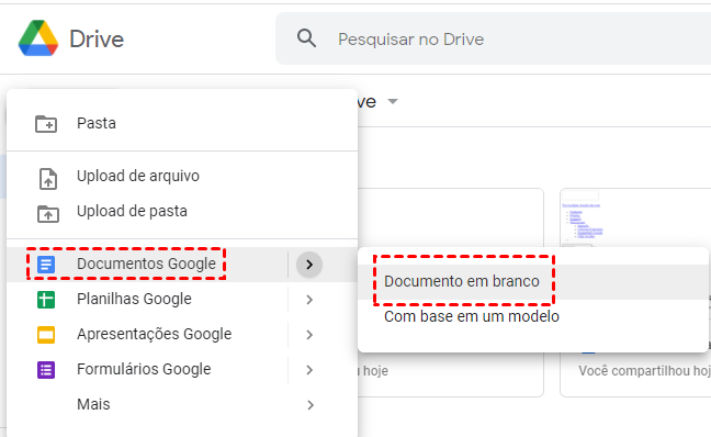 Criar Documento no Site do Google Drive