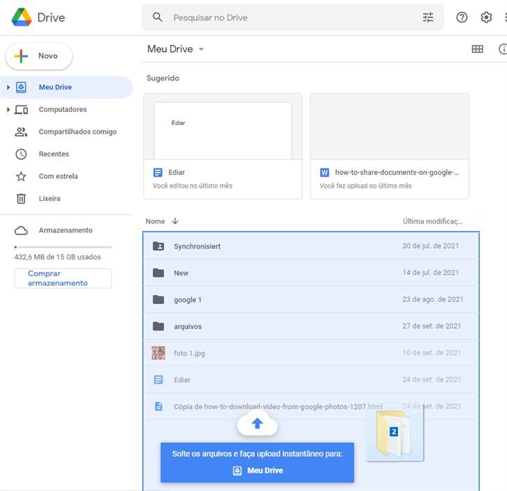 Arrastar e Soltar Documentos para Google Drive