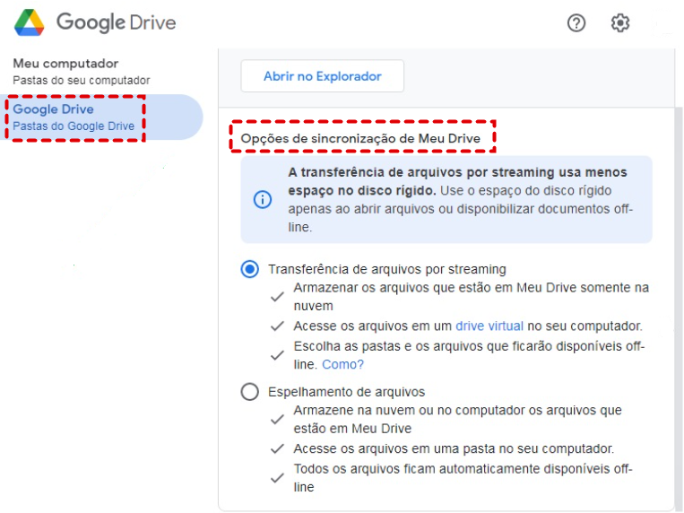 Opções de Sincronização de Meu Drive