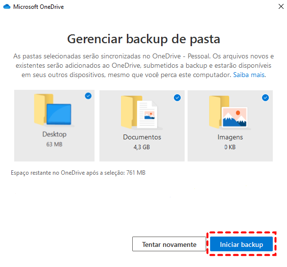Iniciar Backup do PC para OneDrive