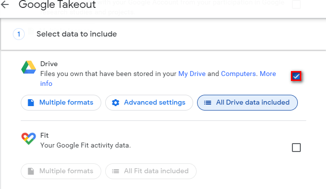 Select Folders to Include under Google Takeout